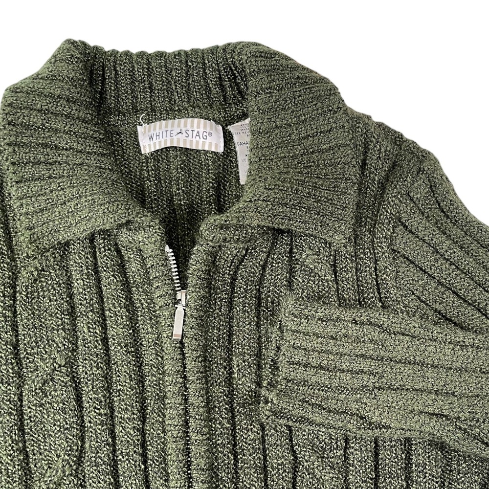 White Stag Large 12/14 Green Zip Up Cardigan Cable Knit Sweater Gorpcore Earthy